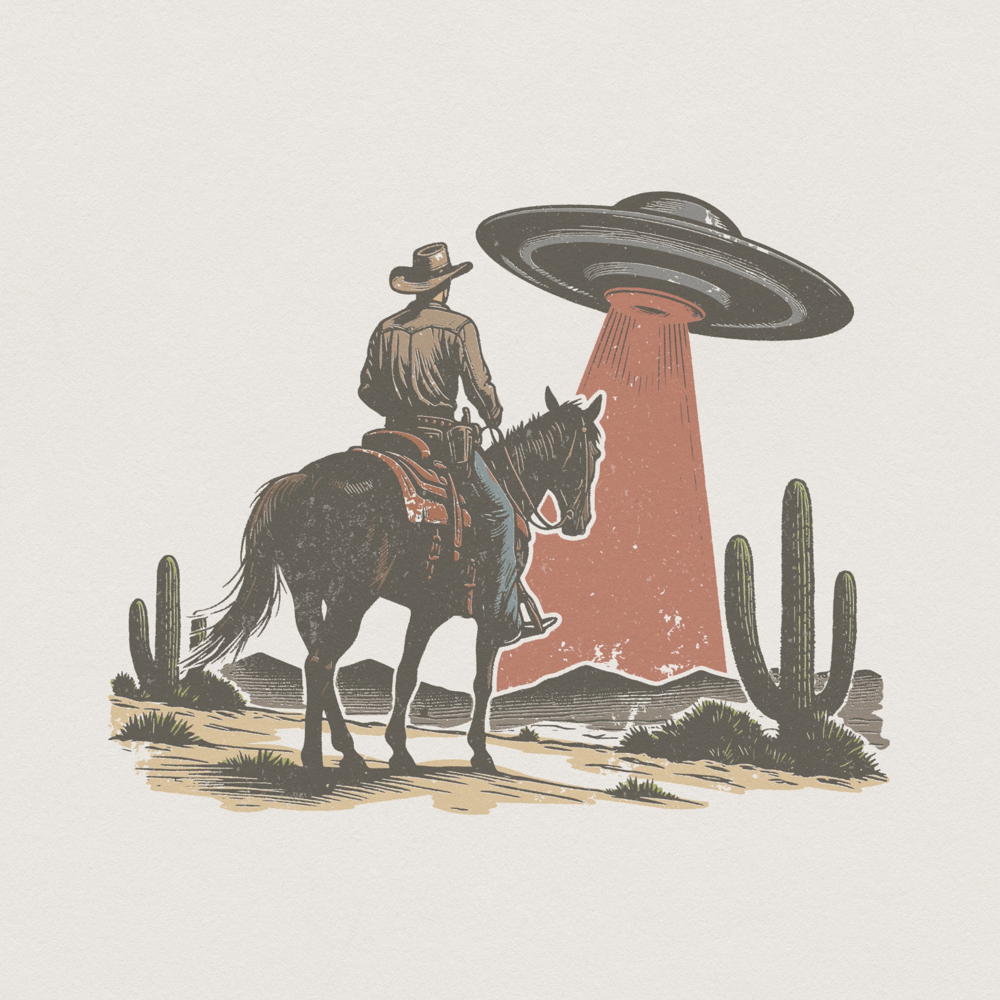 Cowboy and UFO PNG, Western Alien Encounter Clipart - 300 DPI Design for