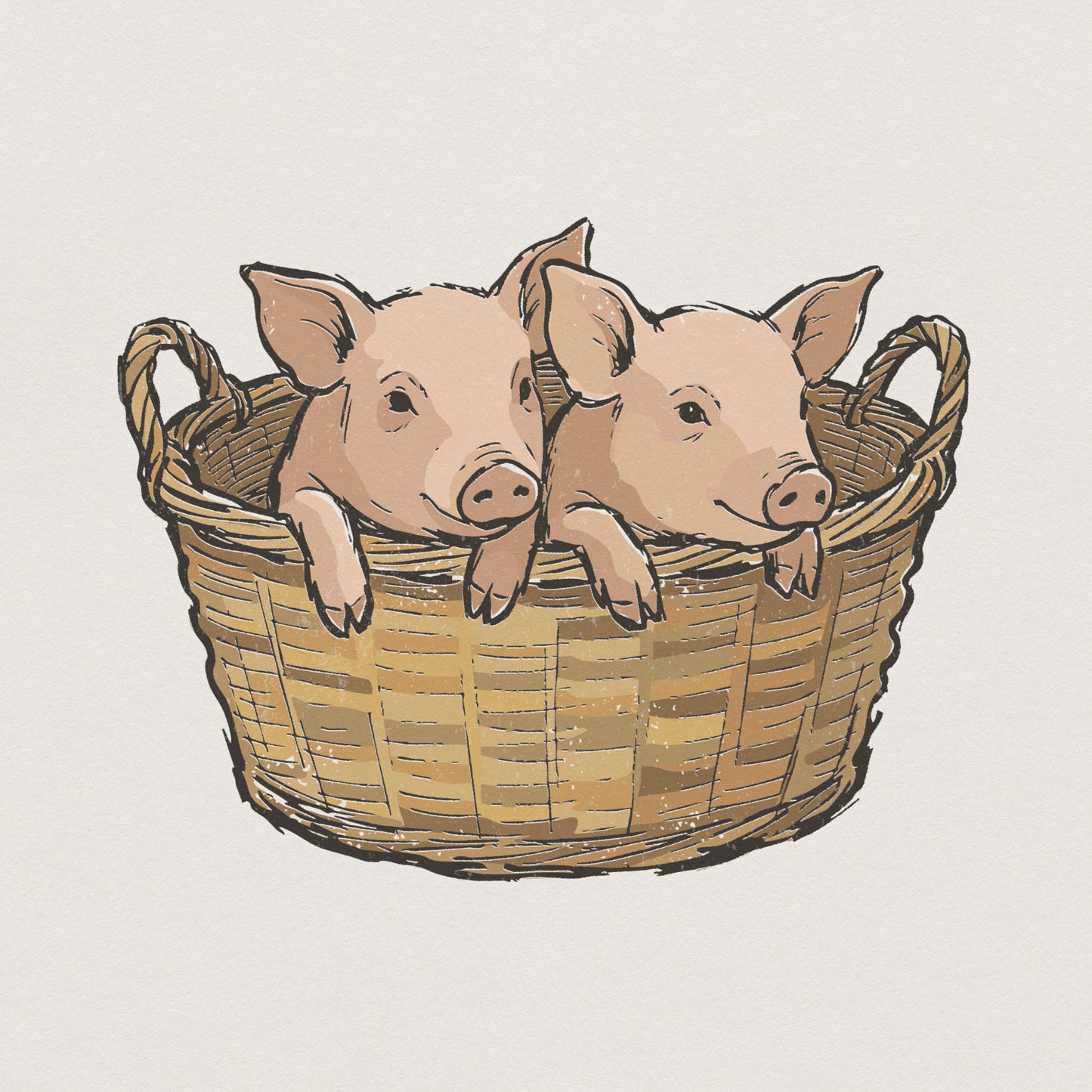 Hand-drawn illustration of two cute pink piglets peeking out of a rustic woven wicker basket, perfect for farm-themed sublimation and decor.