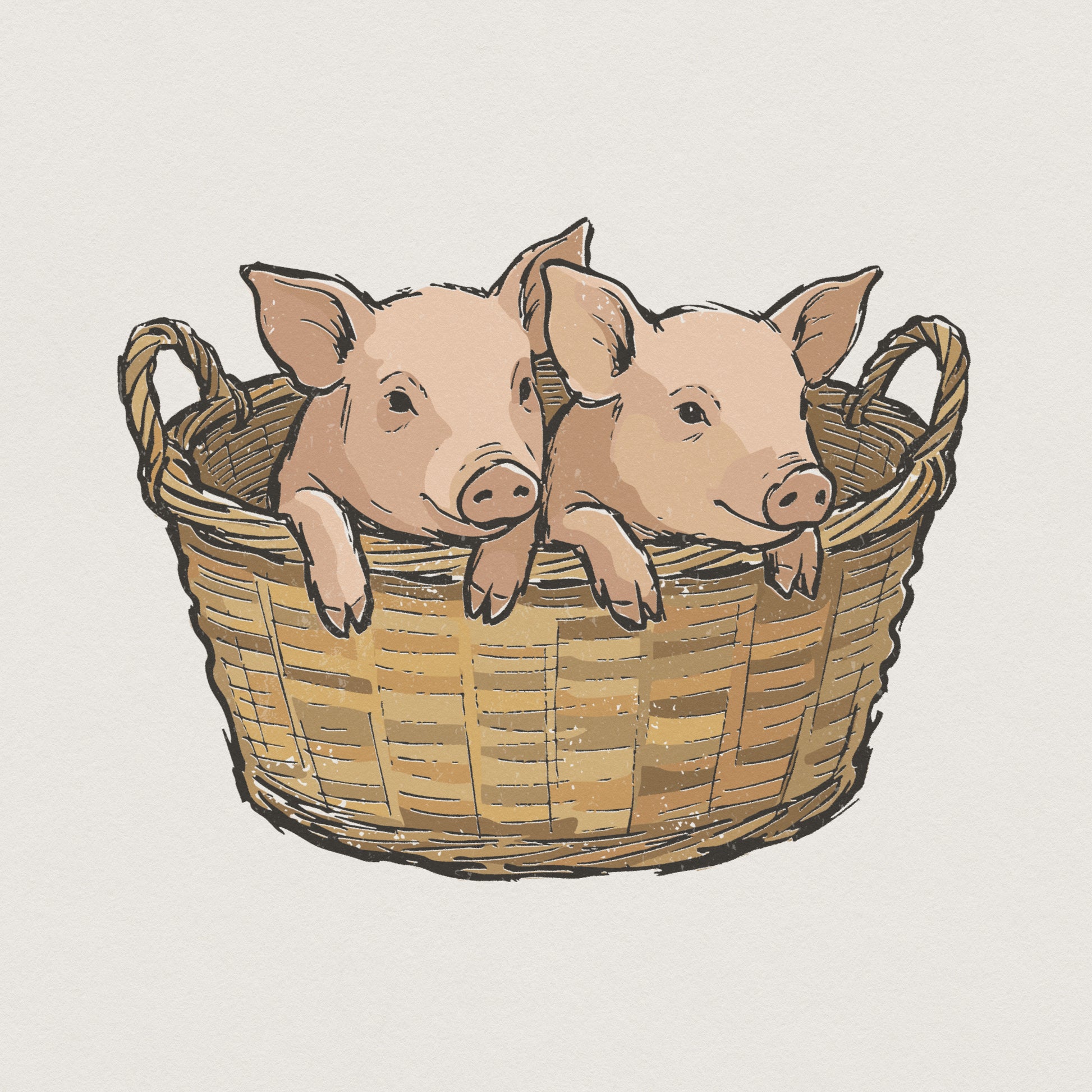 Hand-drawn illustration of two cute pink piglets peeking out of a rustic woven wicker basket, perfect for farm-themed sublimation and decor.
