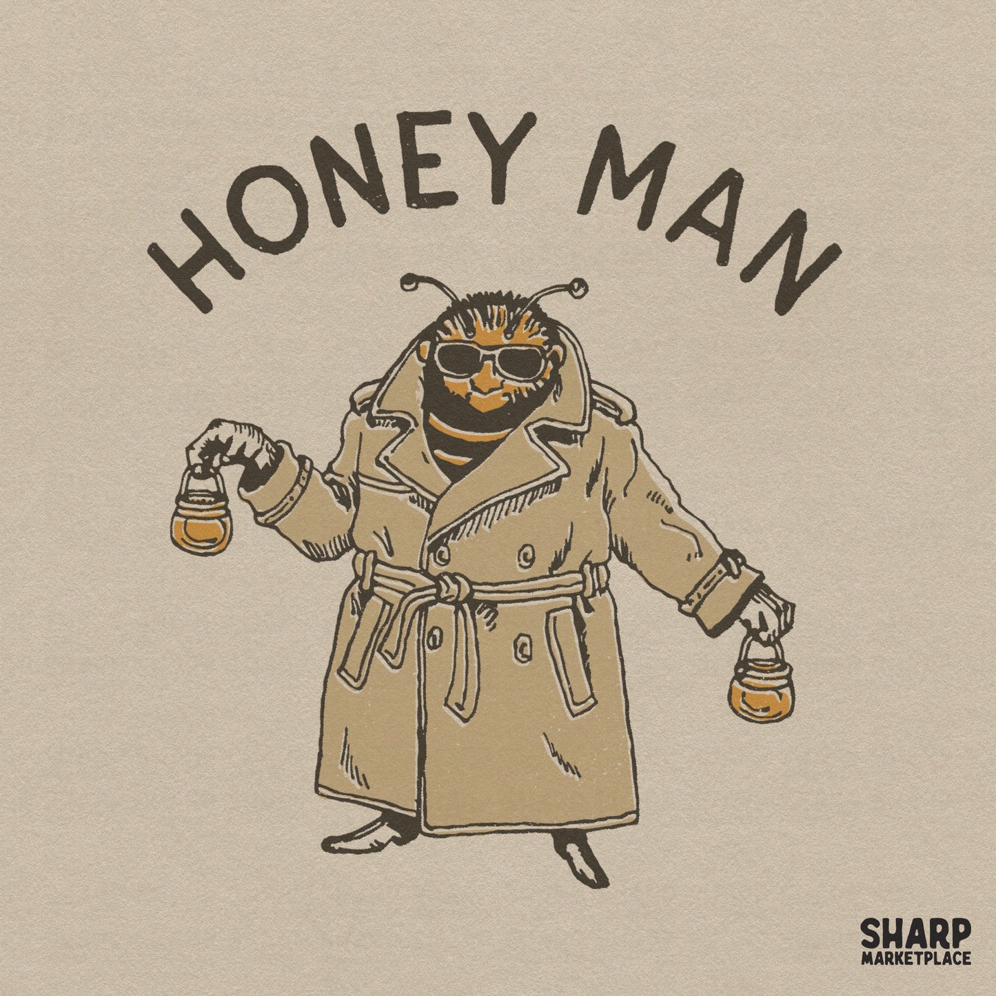 Funny bee in a trench coat holding honey pots sarcastic retro summer art sticker design