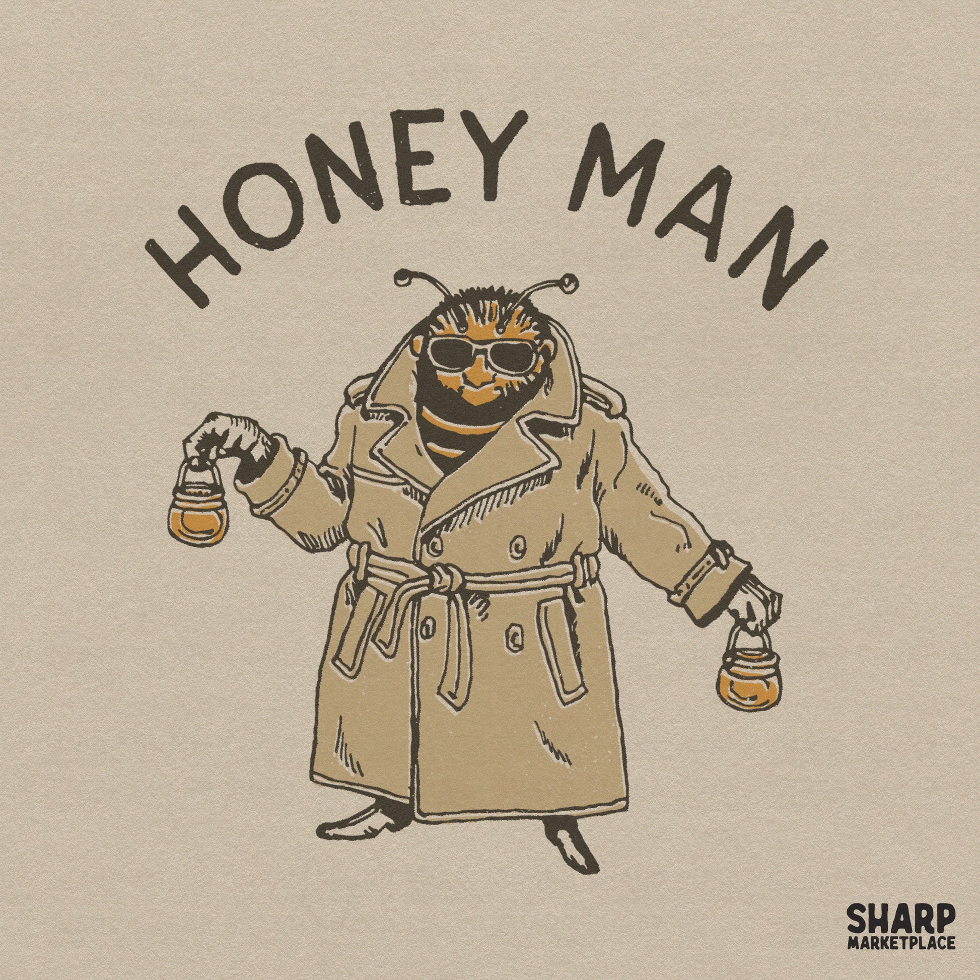 Funny bee in a trench coat holding honey pots sarcastic retro summer art sticker design