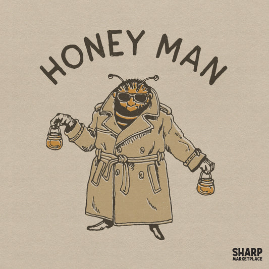 Funny bee in a trench coat holding honey pots sarcastic retro summer art sticker design