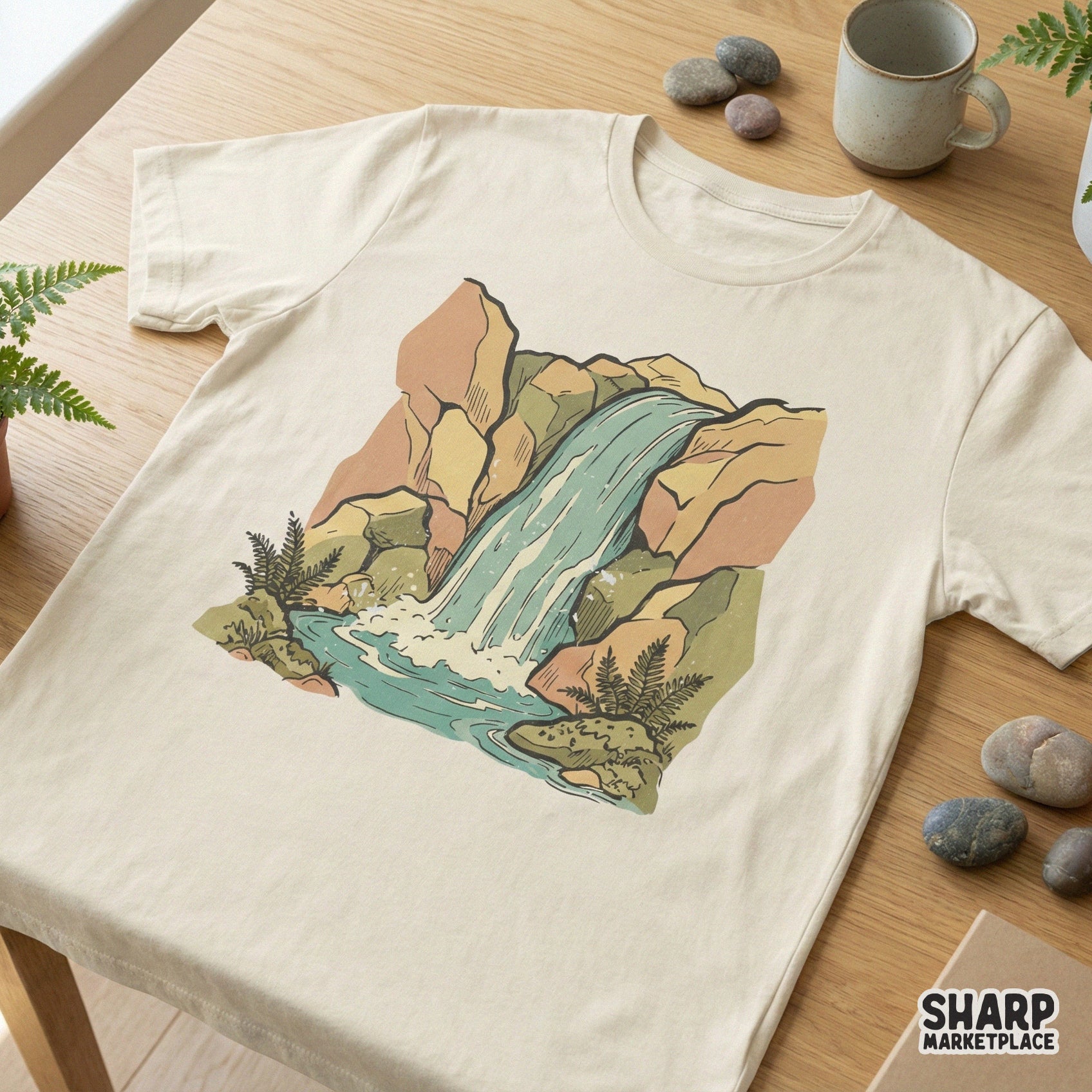 Vintage Waterfall PNG Design, Retro Nature Scene Graphic - 300 DPI Design