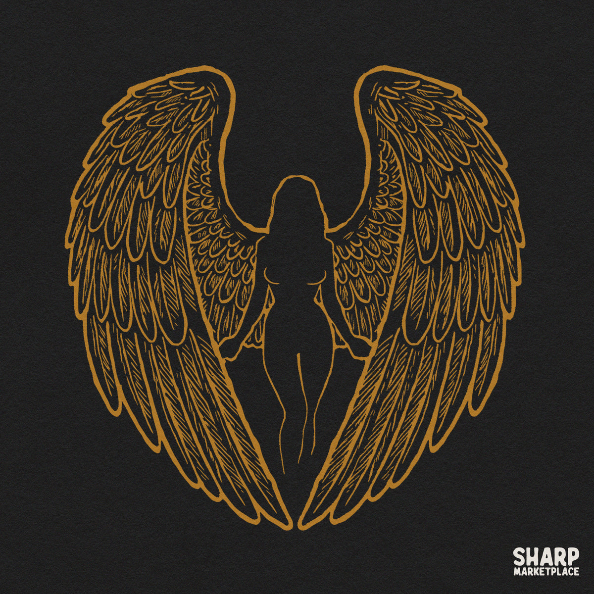 Golden angel wings and female silhouette line art PNG graphic ideal for Christian faith apparel and shirt designs