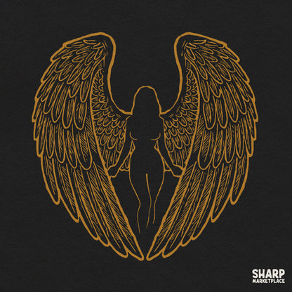 Golden angel wings and female silhouette line art PNG graphic ideal for Christian faith apparel and shirt designs