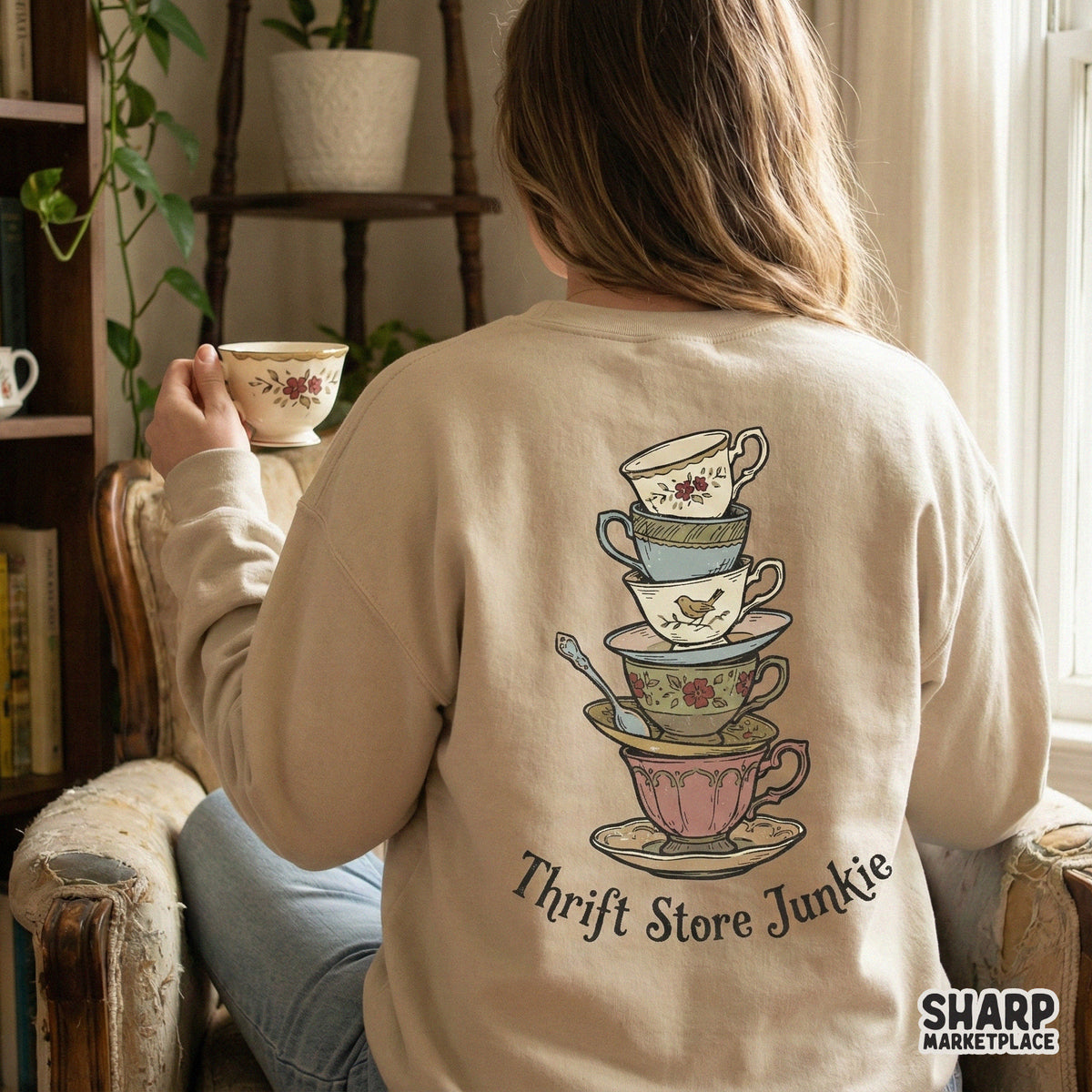 Hand-drawn vintage teacup stack illustration with muted sage and dusty rose colors, perfect for custom apparel, stickers, and printable wall art.