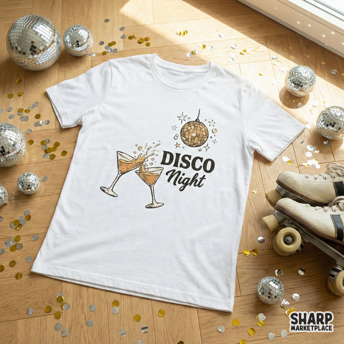 White t-shirt mockup displaying a vintage-style Disco Night graphic with clinking cocktail glasses and a golden disco ball illustration.