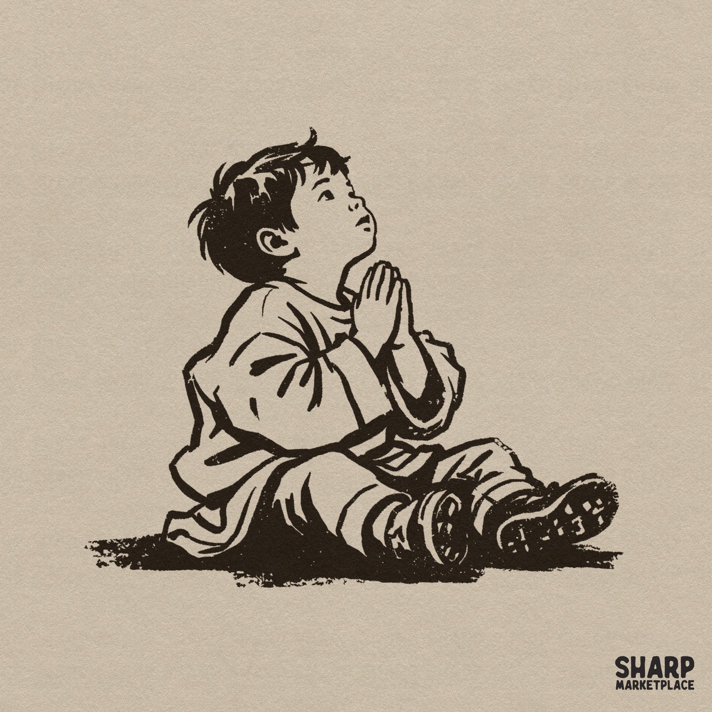 Praying child vintage Christian PNG illustration for religious shirts and faith-based digital designs