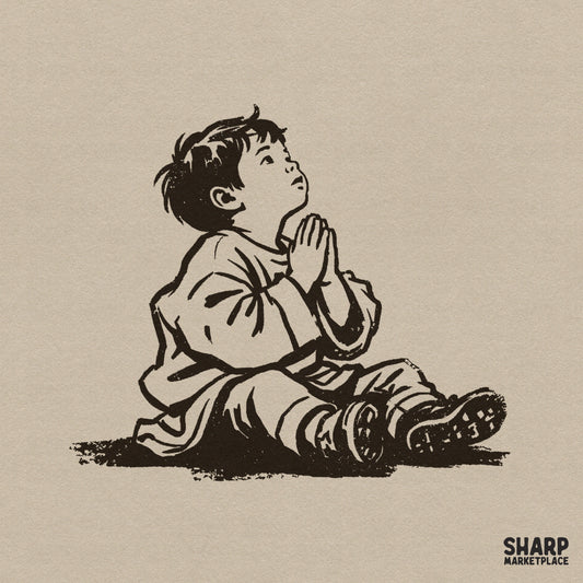Praying child vintage Christian PNG illustration for religious shirts and faith-based digital designs