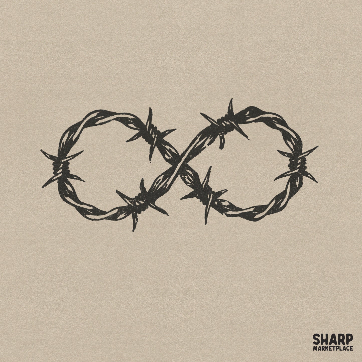 Hand-drawn infinite barbed wire heart illustration in a bold, distressed black ink tattoo style for gothic streetwear and apparel designs.