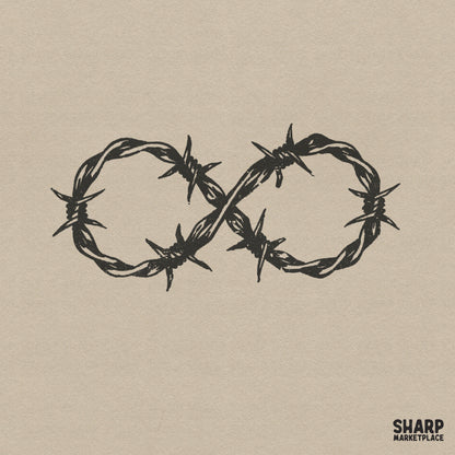Hand-drawn infinite barbed wire heart illustration in a bold, distressed black ink tattoo style for gothic streetwear and apparel designs.