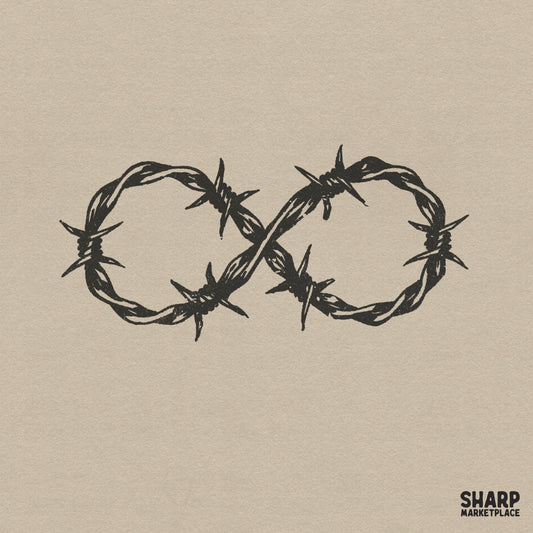 Hand-drawn infinite barbed wire heart illustration in a bold, distressed black ink tattoo style for gothic streetwear and apparel designs.