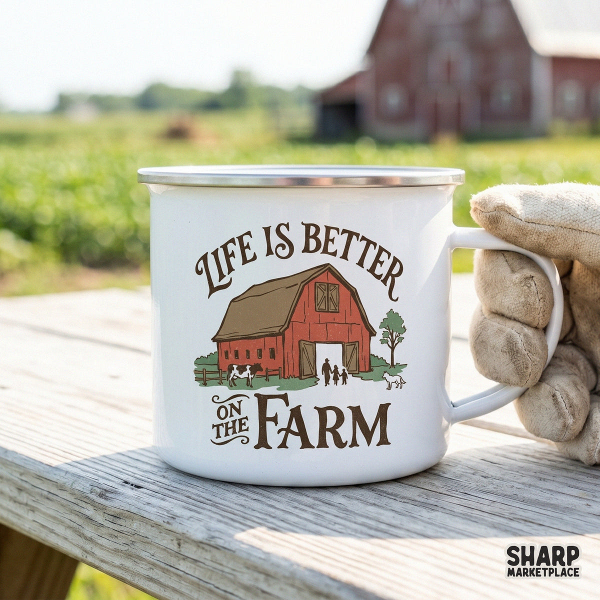 White campfire mug mockup displaying a rustic red barn and cow illustration with the quote Life Is Better On The Farm in a vintage western style.