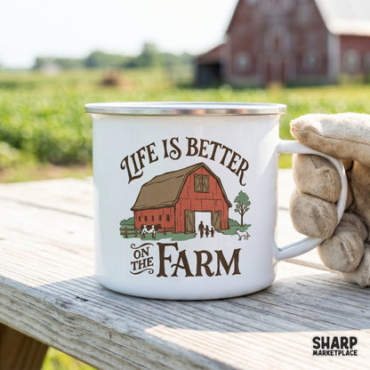 White campfire mug mockup displaying a rustic red barn and cow illustration with the quote Life Is Better On The Farm in a vintage western style.