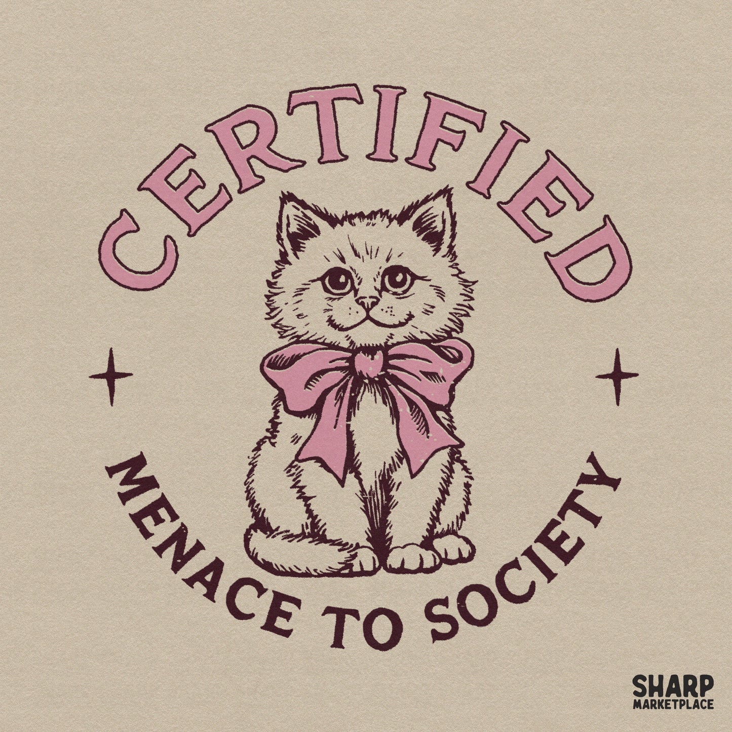 Funny menace to society kitten with a pink bow retro coquette png for animal lovers t-shirts