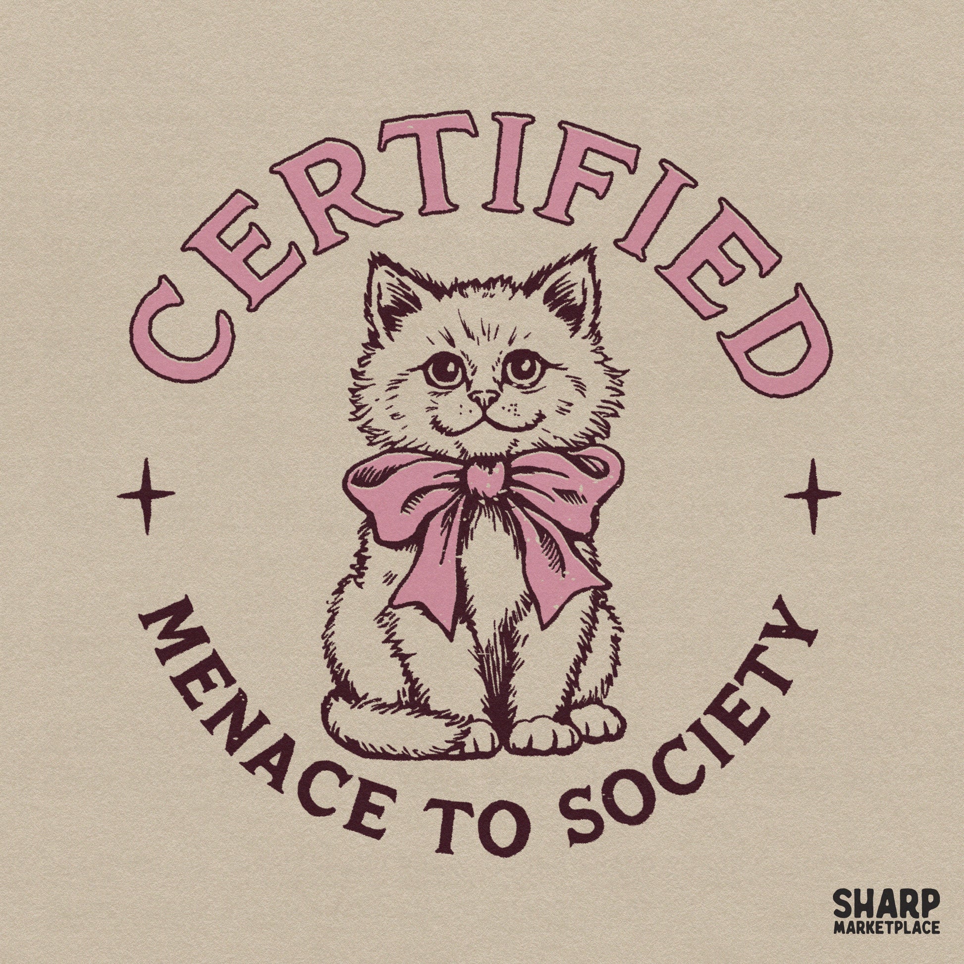 Funny menace to society kitten with a pink bow retro coquette png for animal lovers t-shirts
