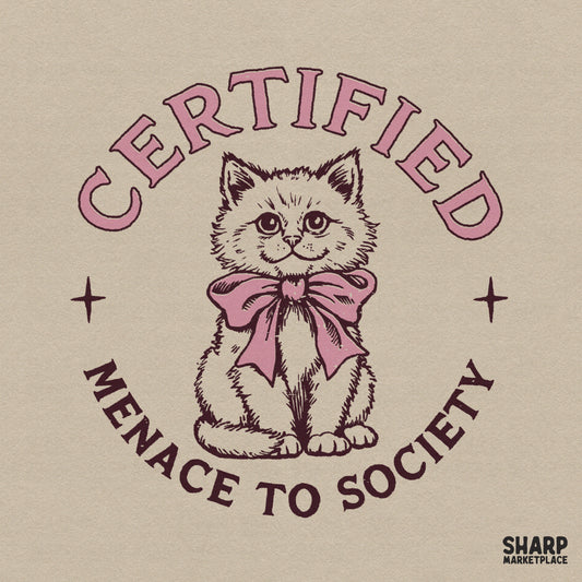 Funny menace to society kitten with a pink bow retro coquette png for animal lovers t-shirts