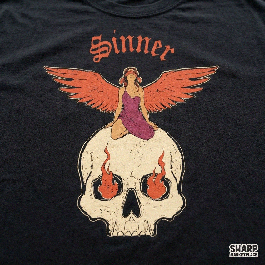 Sinner Gothic Blindfolded Angel Flaming Skull Shirt PNG