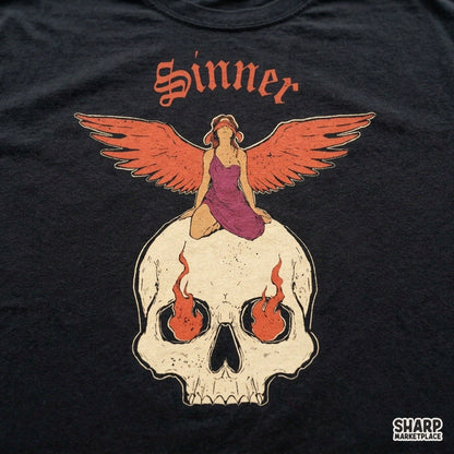 Sinner Gothic Blindfolded Angel Flaming Skull Shirt PNG