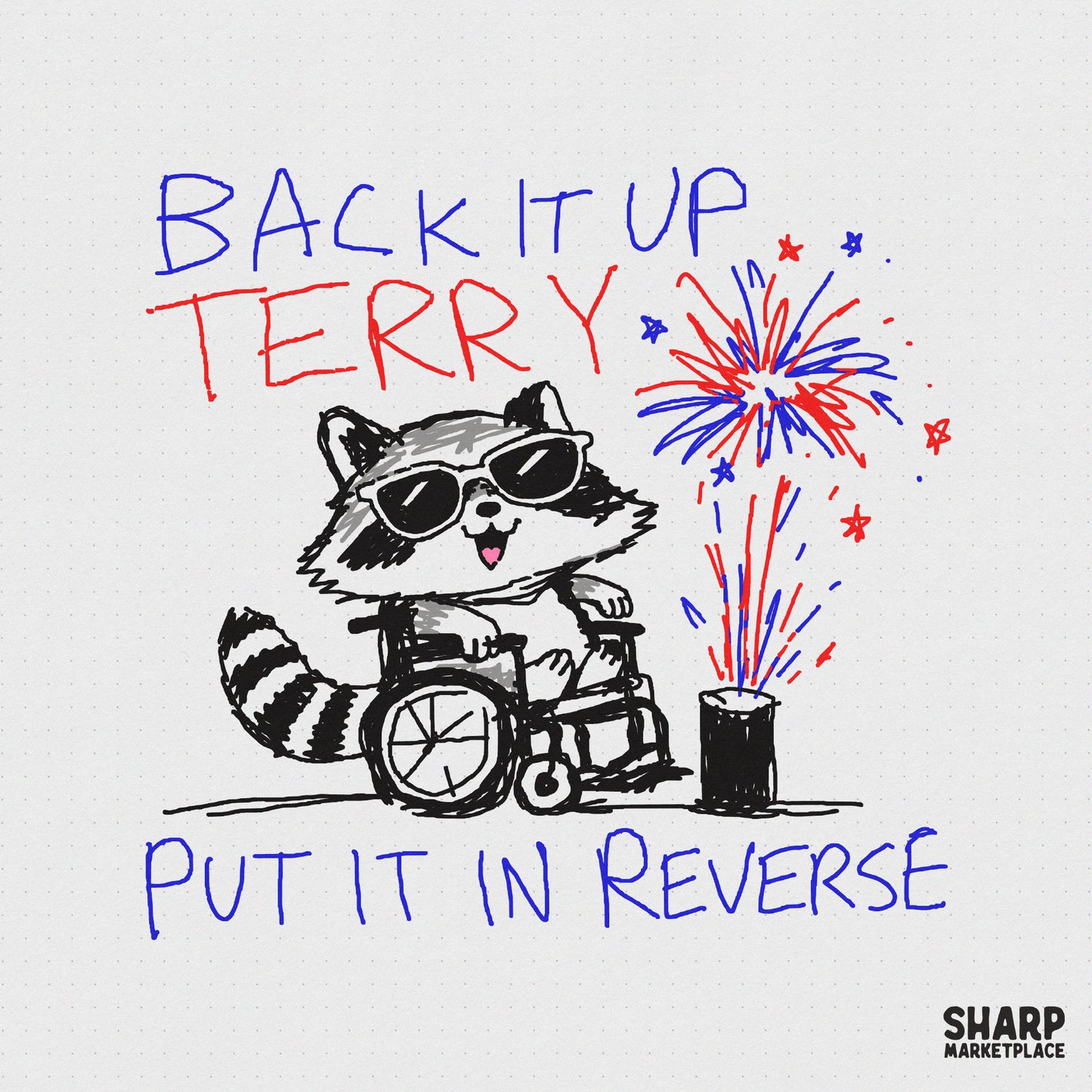 Hand-drawn digital design featuring a raccoon in sunglasses riding a wheelchair with red and blue fireworks and the text Back It Up Terry Put It In Reverse.