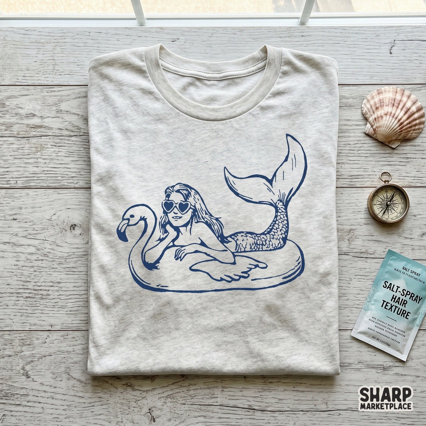 Vintage mermaid on a flamingo pool float retro summer beach shirt sublimation design