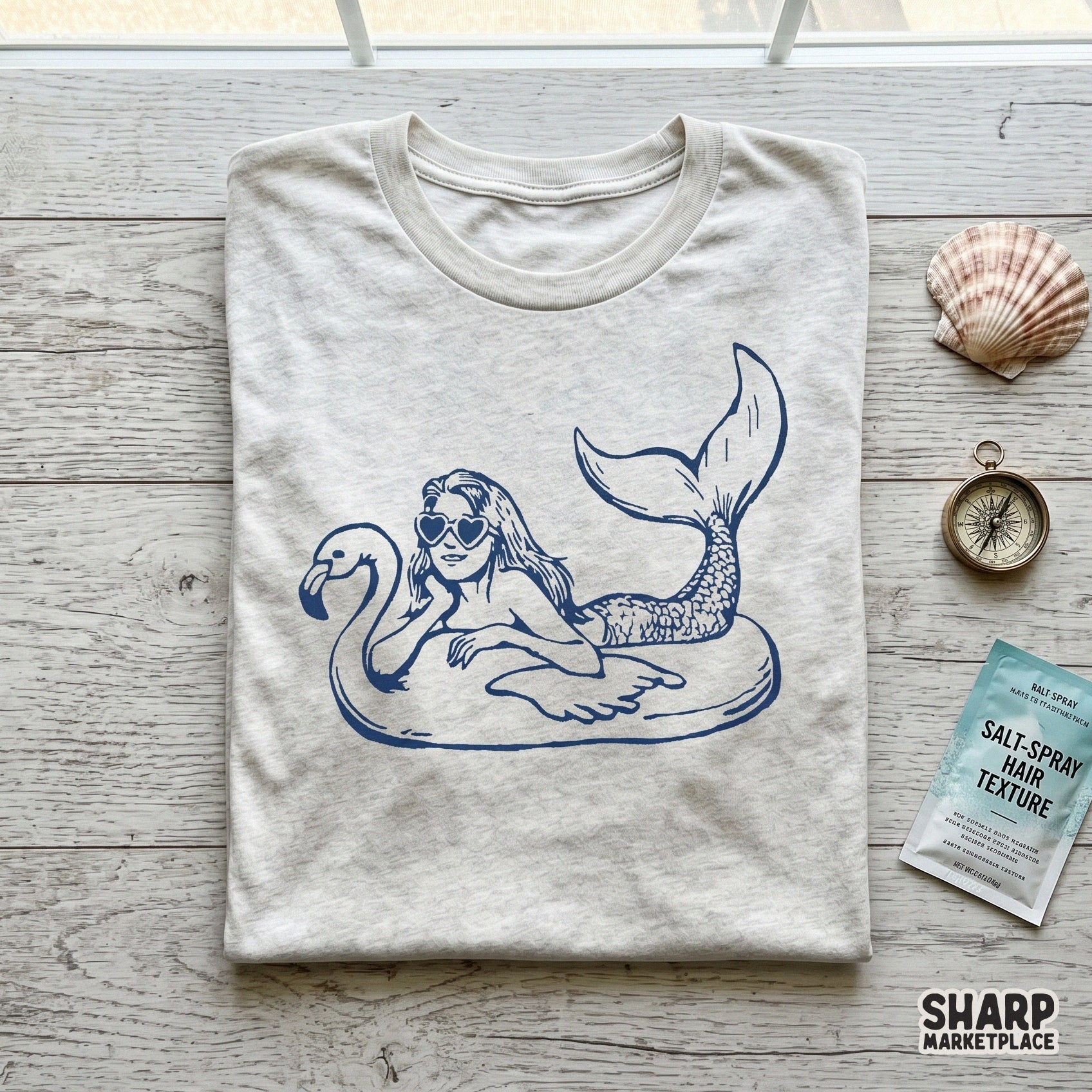 Vintage mermaid on a flamingo pool float retro summer beach shirt sublimation design
