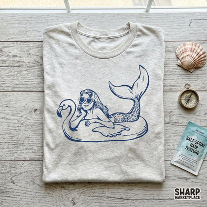 Vintage mermaid on a flamingo pool float retro summer beach shirt sublimation design