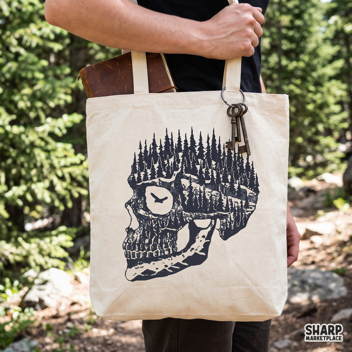 Forest silhouette inside a skull profile with a flying bird, spooky season Halloween PNG design for shirt printing