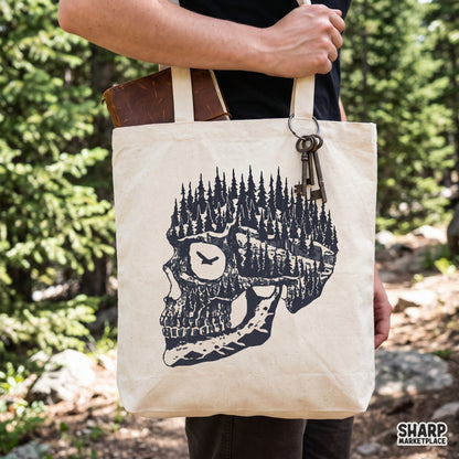Forest silhouette inside a skull profile with a flying bird, spooky season Halloween PNG design for shirt printing