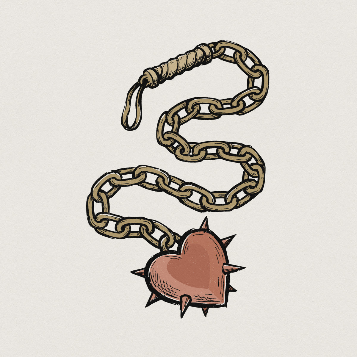 Hand-drawn spiked heart attached to a heavy metal chain with a textured handle, featuring a vintage tattoo style in dusty rose and bronze tones.