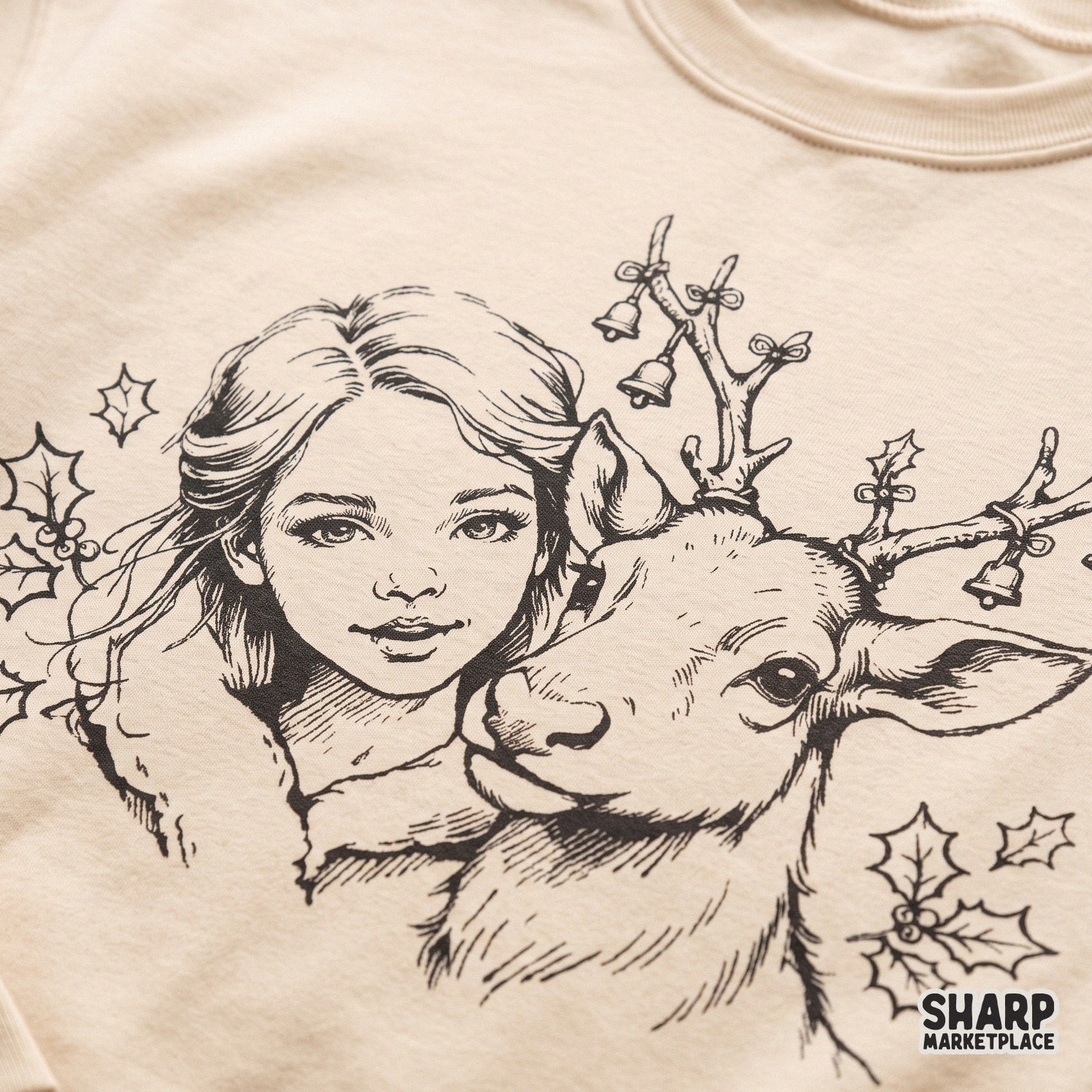 Vintage girl and reindeer Christmas PNG with a retro coquette aesthetic for cozy season winter sublimation designs