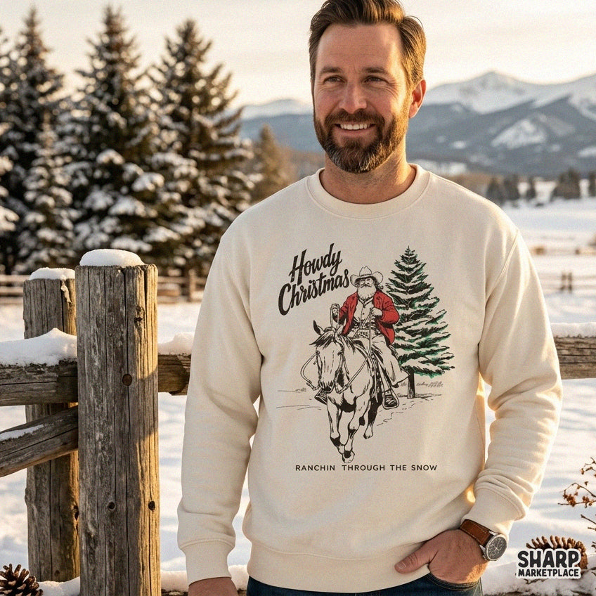 Vintage cowboy Santa riding a horse through snow, western Christmas PNG graphic for shirts and holiday crafts