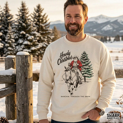 Vintage cowboy Santa riding a horse through snow, western Christmas PNG graphic for shirts and holiday crafts