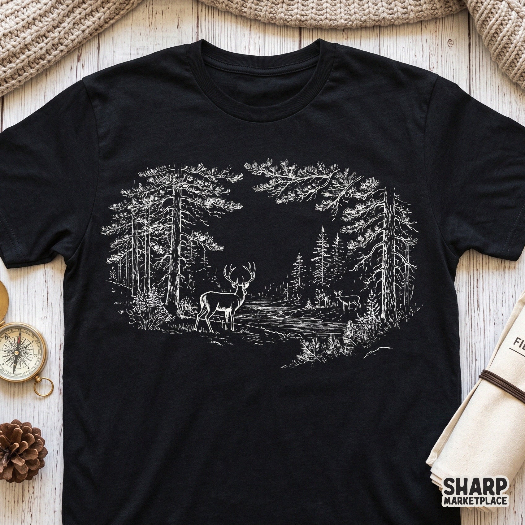 Rustic forest clearing hunting png design with deer and pine trees for fall sublimation shirts