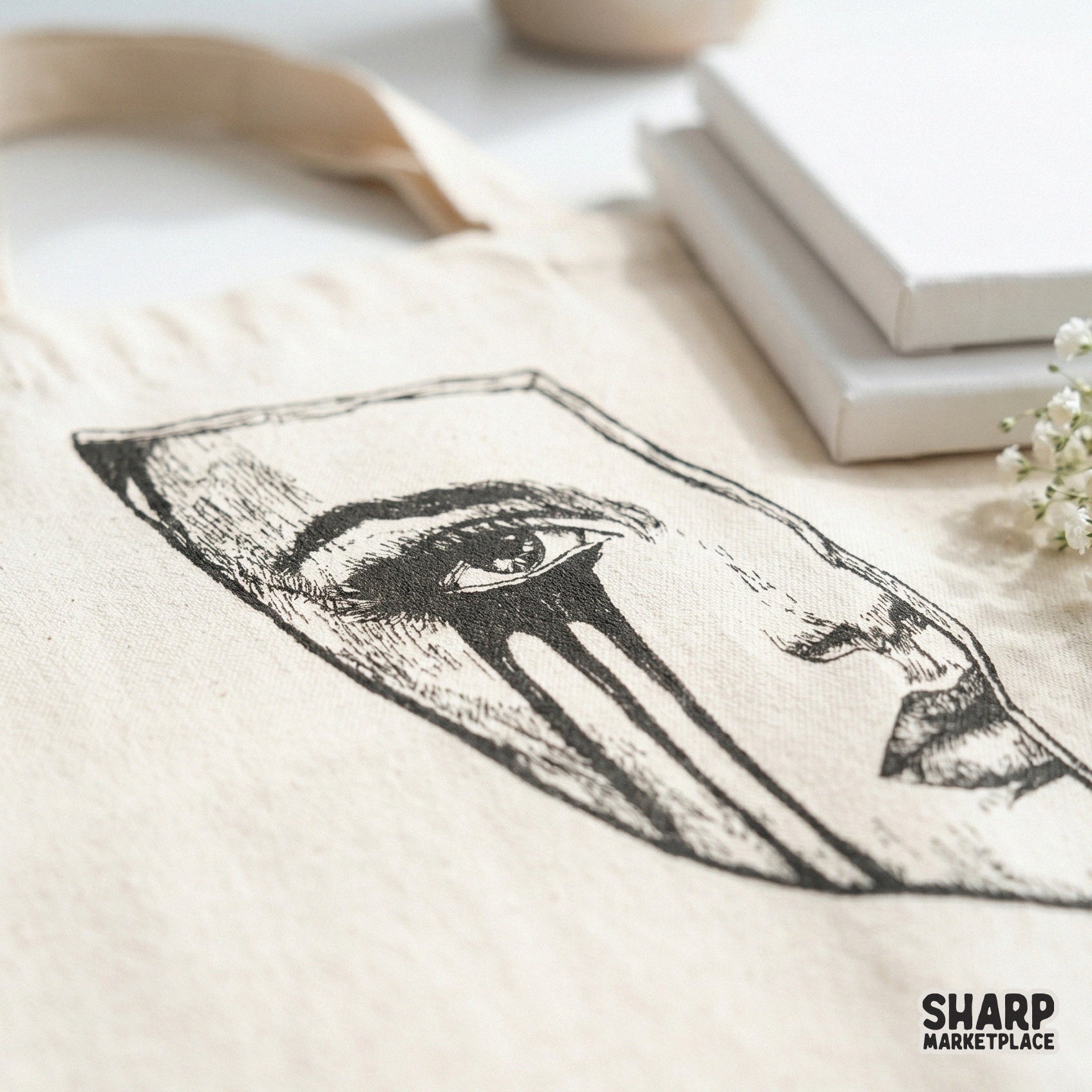 Close-up of a dark grunge crying mask design printed on a canvas tote bag, featuring sketchy line art for a trendy emo aesthetic.
