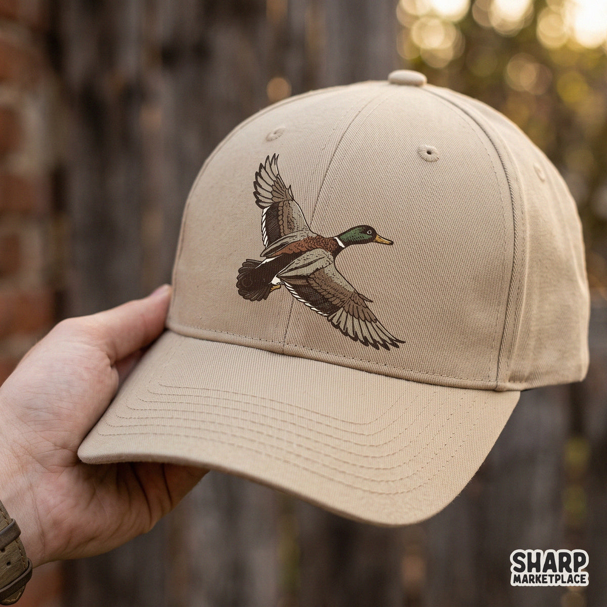 Detailed illustration of a flying mallard duck for duck hunting lovers and outdoor sublimation shirt designs