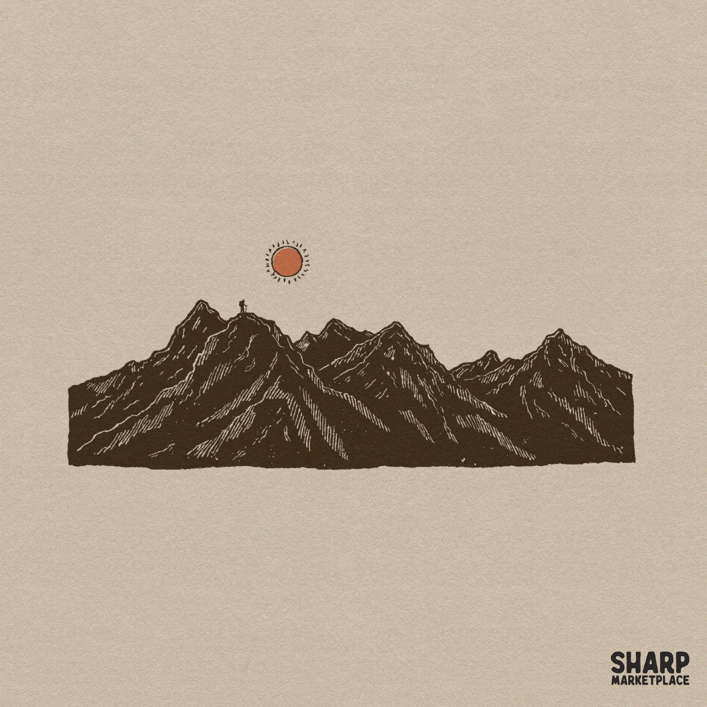 Retro retro summer png mountain peak and hiker nature scene for custom camping shirts