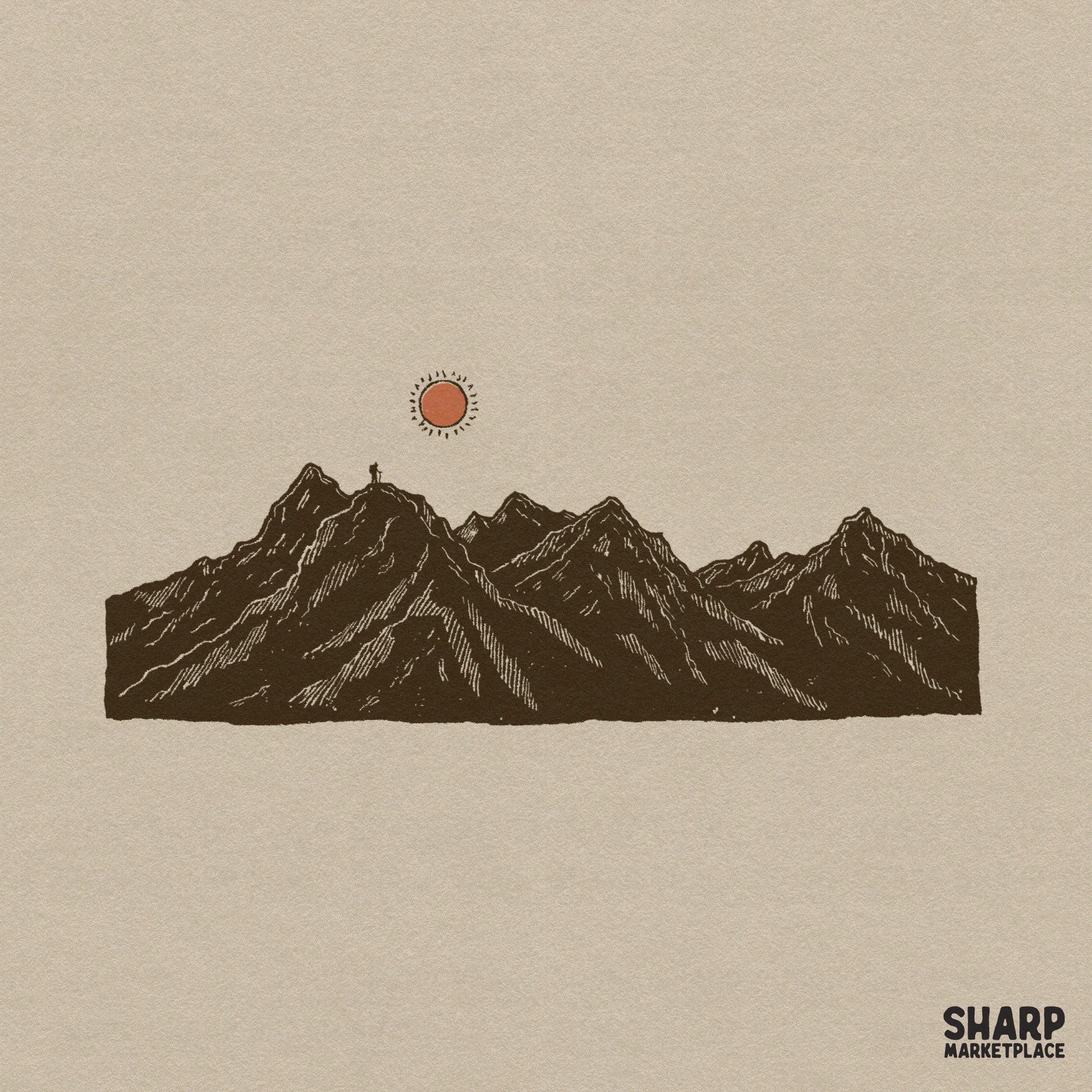 Retro retro summer png mountain peak and hiker nature scene for custom camping shirts