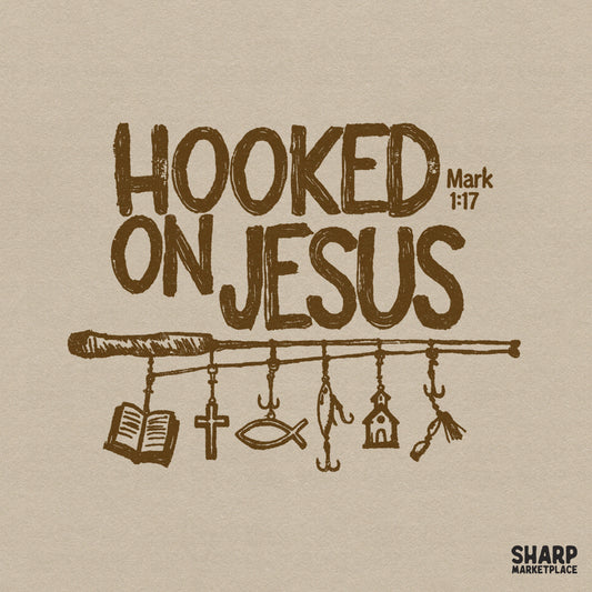 Rustic brown Hooked On Jesus Mark 1:17 text with a fishing rod graphic featuring hanging charms like a Bible, cross, fish, and church for apparel.