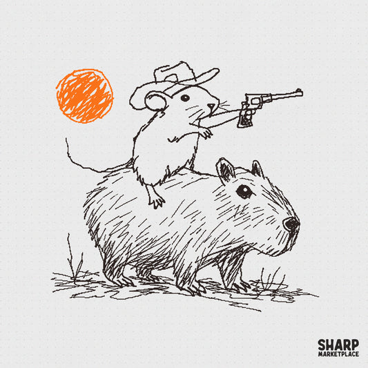 Hand-drawn sketch of a tiny rat wearing a cowboy hat and holding a revolver while riding a capybara under an orange sun for sublimation designs.
