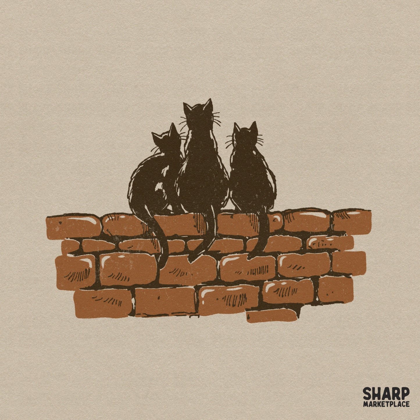 Three black cats sitting on a brick wall retro halloween png graphic for spooky season shirts