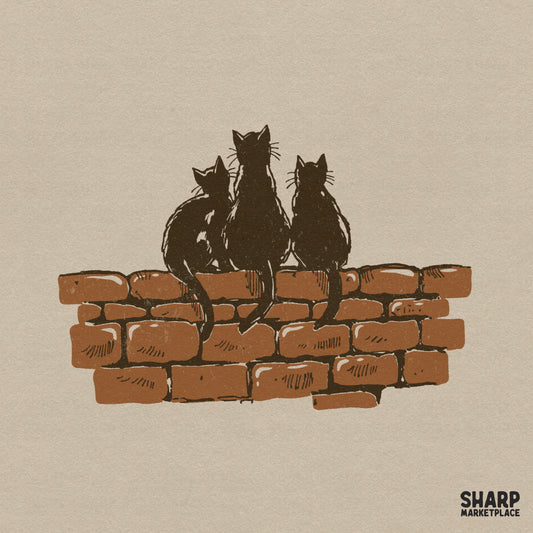 Three black cats sitting on a brick wall retro halloween png graphic for spooky season shirts