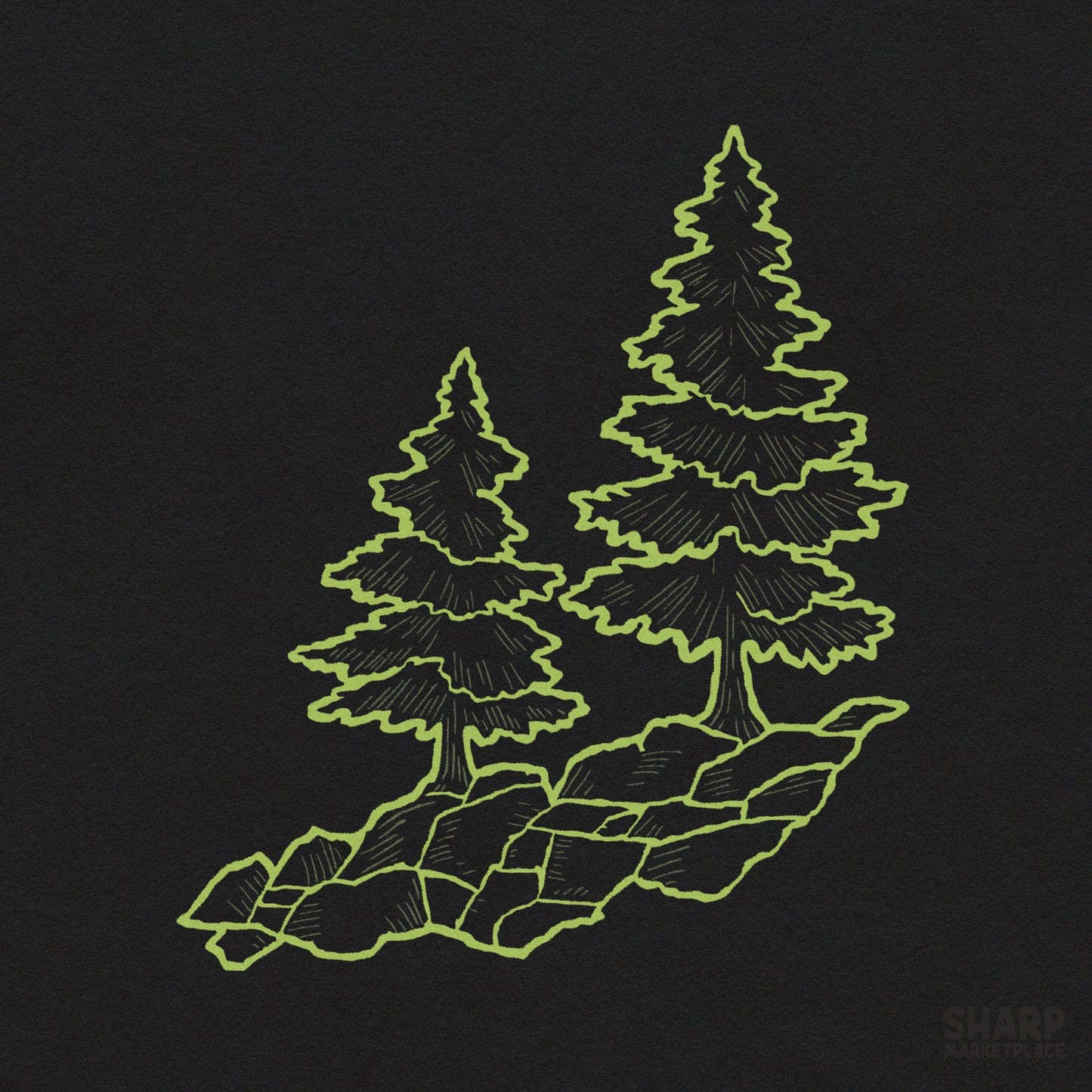Minimalist forest line art illustration of green pine trees on rocks for camping sublimation crafts