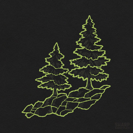 Minimalist forest line art illustration of green pine trees on rocks for camping sublimation crafts