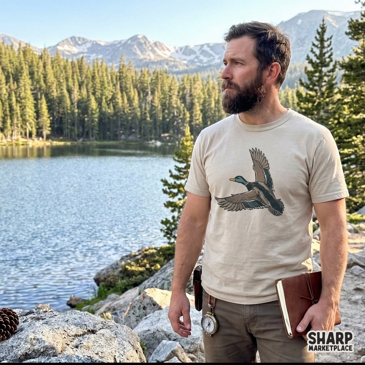 Vintage sketch of a flying mallard duck for a western theme fathers day sublimation t-shirt design