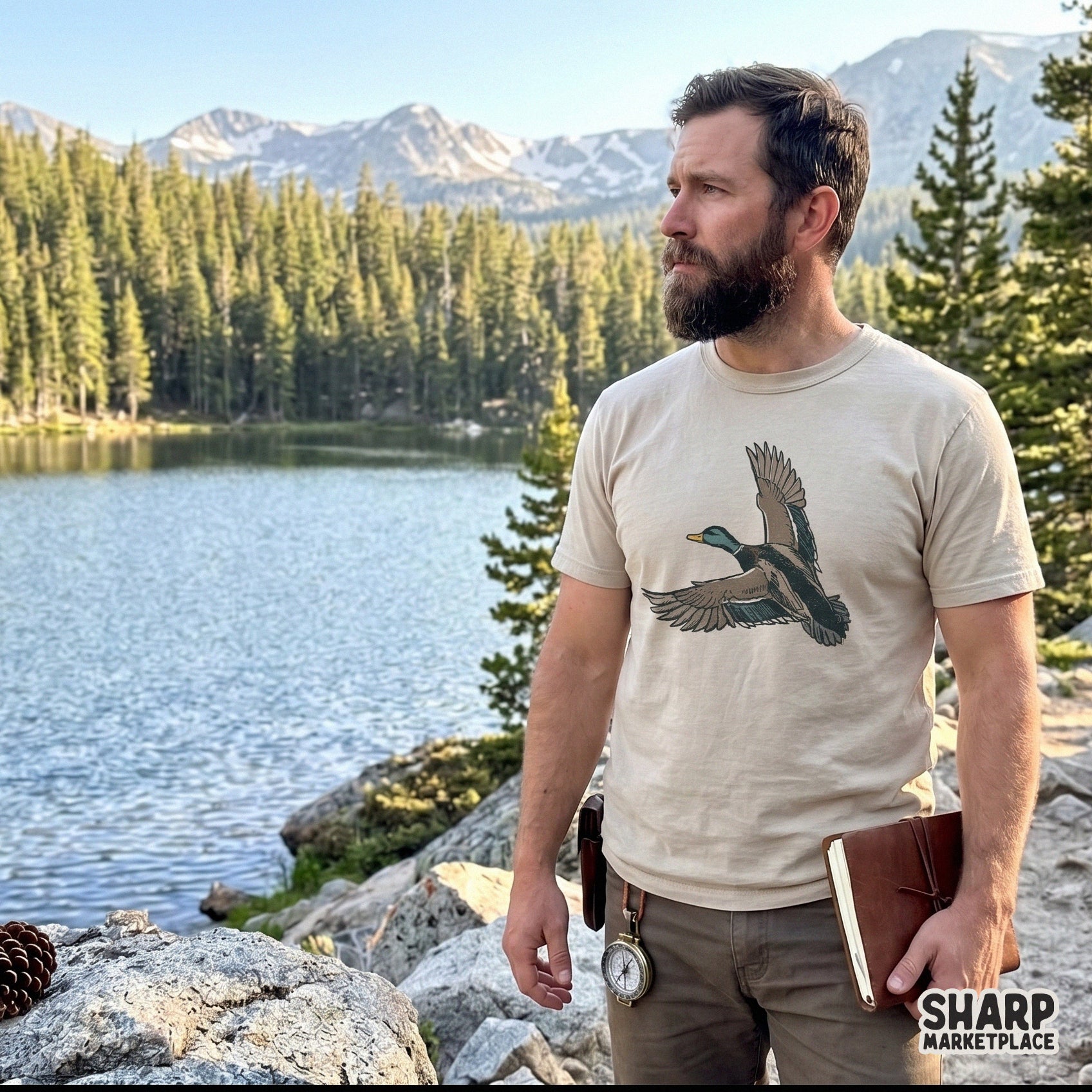 Vintage sketch of a flying mallard duck for a western theme fathers day sublimation t-shirt design