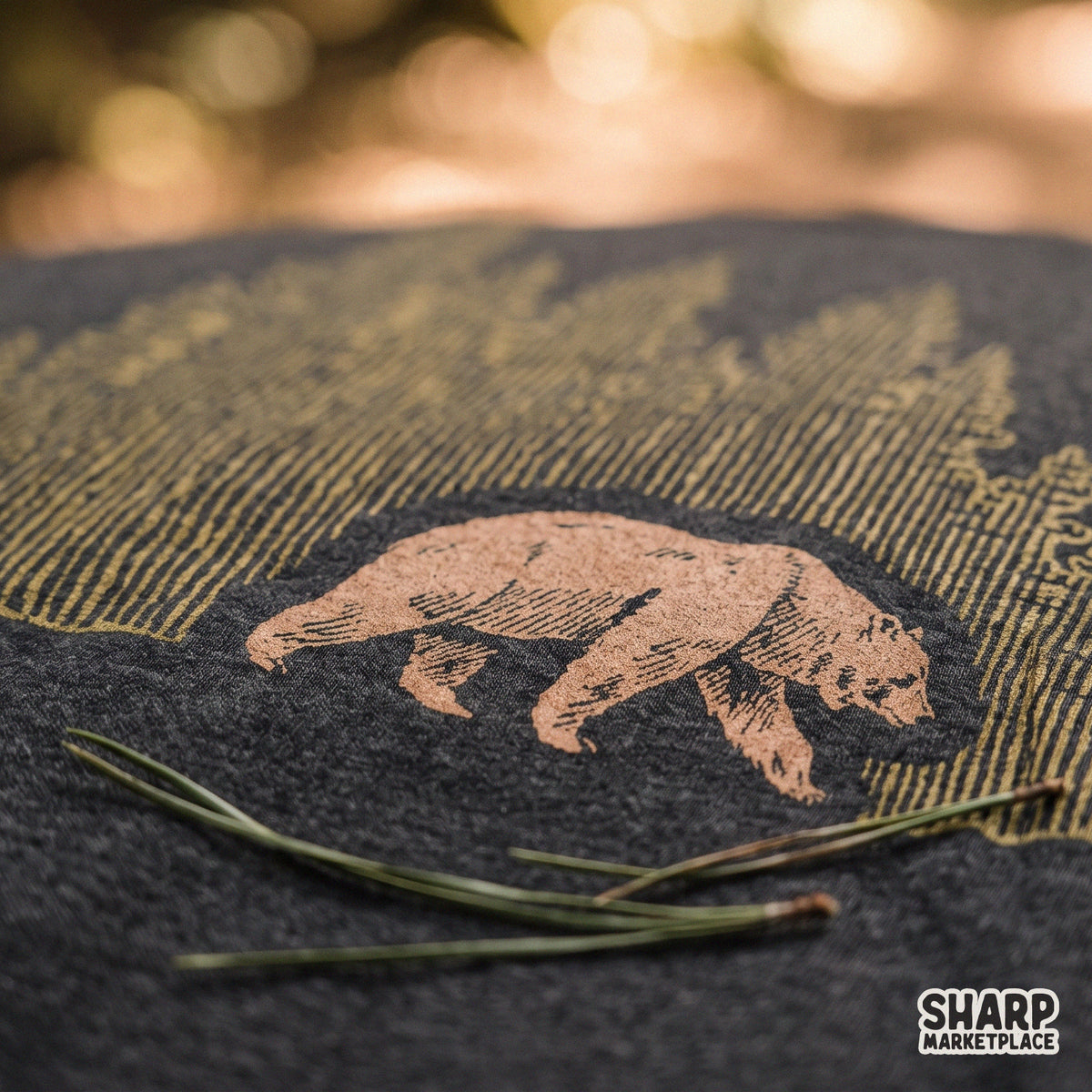 Wild bear walking through pine trees silhouette design perfect for camping sublimation shirts