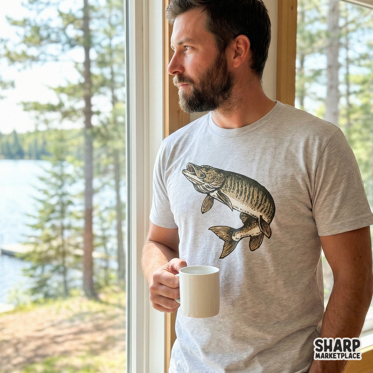 Detailed freshwater muskie fish digital design in a retro woodcut style, suitable for custom hunting and fishing apparel or outdoor-themed home decor.
