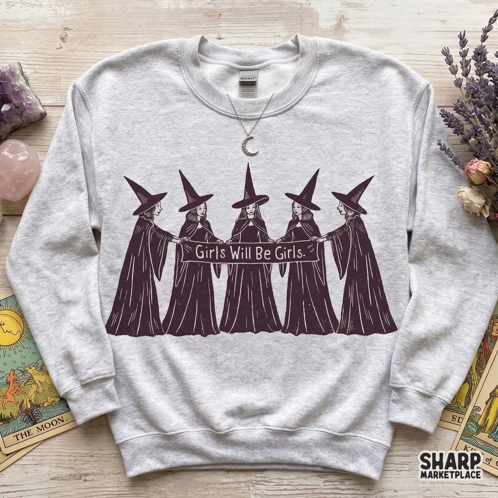 Retro Witch Squad holding a banner with feminist humor for spooky season apparel and Halloween sublimation designs