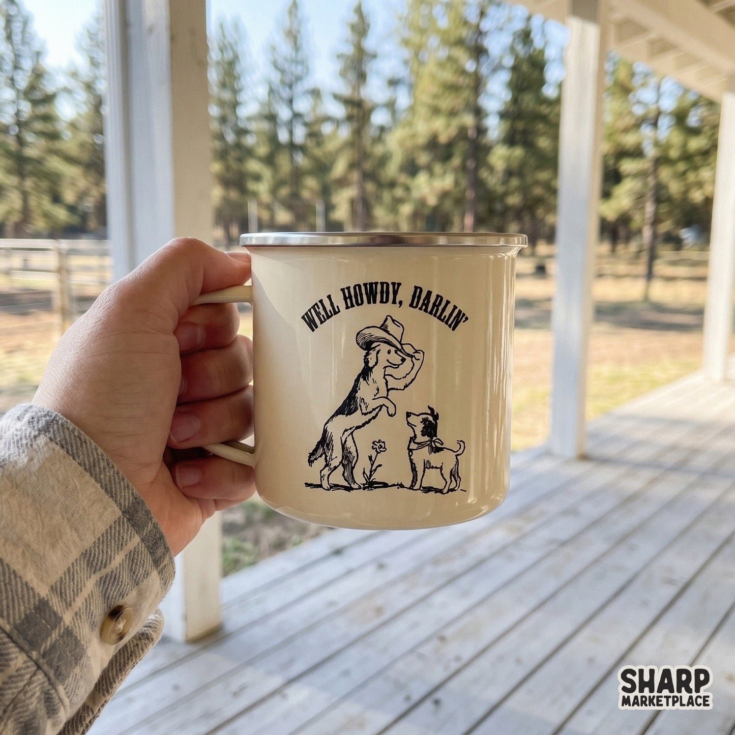 Whimsical western dog duo graphic with a hand-drawn charcoal aesthetic, suitable for creating custom t-shirts, apparel, and rustic DIY craft projects.